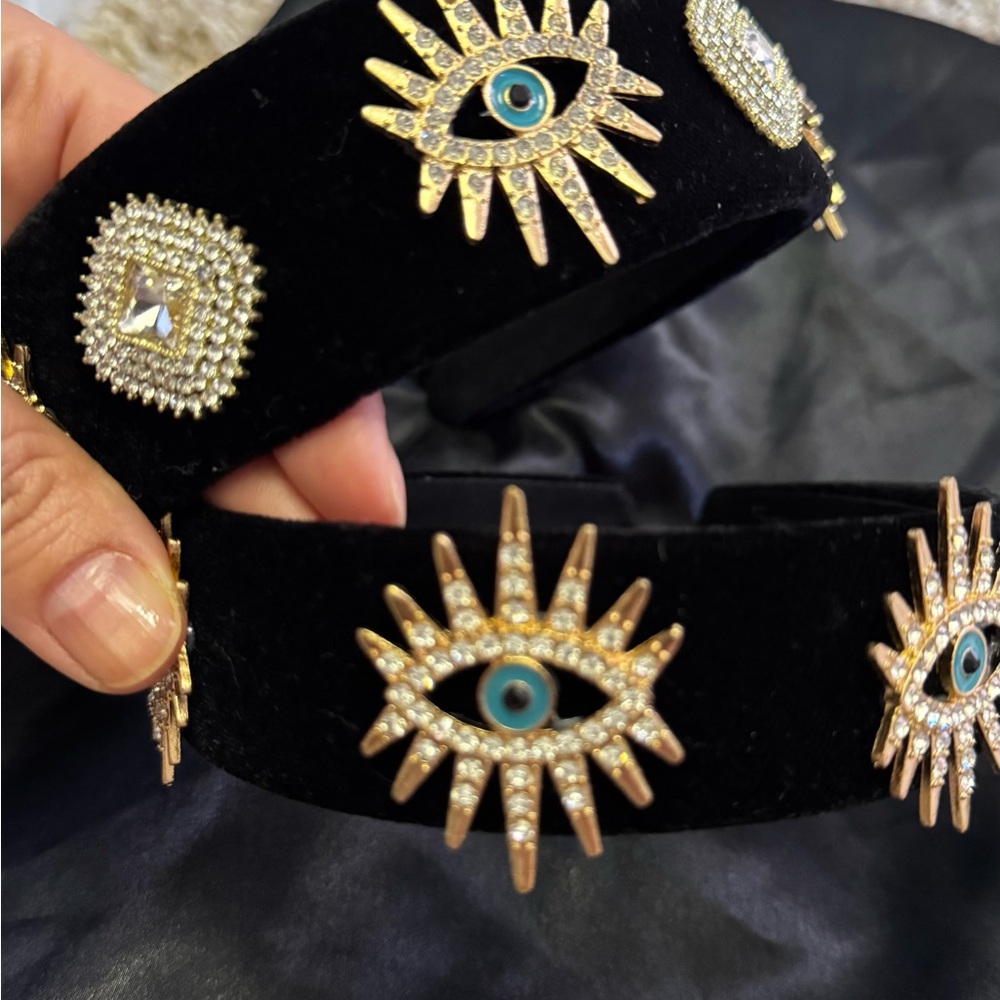 Black Velvet Headband with Gold and Blue Eye Design